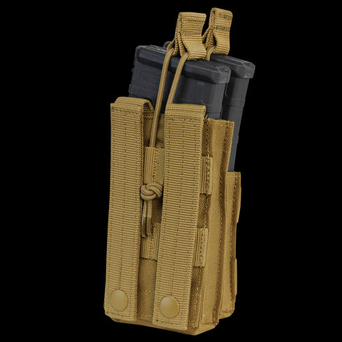 Condor Single Stacker M4 Mag Pouch in Scorpion OCP holds rifle mags with MOLLE straps and bungee retention—ideal for tactical setups.